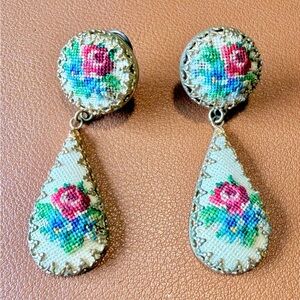 Vintage Austria Needlepoint Clip On Dangle Earrings With Gold Tone Prong Set